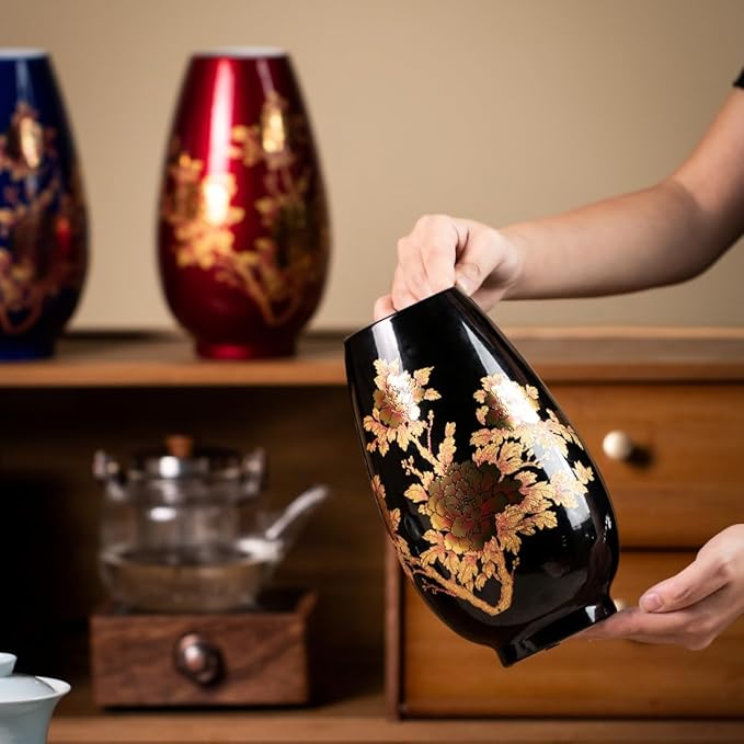 9 Inch Glossy Vintage Ceramic Vase with Floral Design, Flower Vases for Dining Table & Wedding Centerpiece, Handcrafted Home Decor, Boho Decoration for Living Room,Office, Entryway,Pampas Grass(Black)