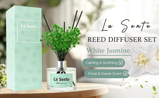 Reed Diffuser Set, Glass Bottle with Black Rattan Sticks, Dried Green Flowers, 6.7fl oz, 200ml (White Jasmine)