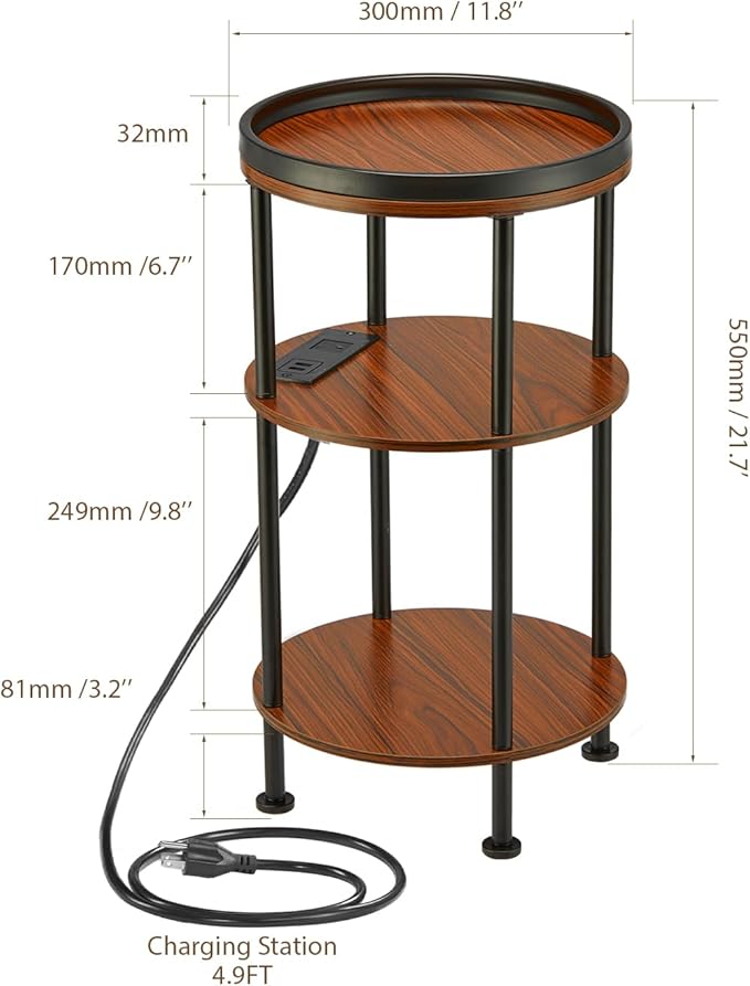 Small Round Side Table with Charging Station for Small Spaces, 3-Tier Accent Table with USB Ports & Power Outlets, Sofa Corner Tea Table for Living Room Nightstand Bedroom Apartment (USB, Cherry)