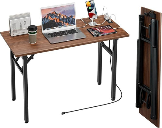 TEMI Small Computer Desk Folding Table - No Assembly, Compact 43.3" Foldable Desk with Power Outlets & USB Charging Port, Portable Small Office Desk, Ideal Mini Study Table for Narrow Spaces, Walunt