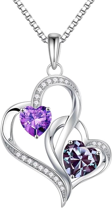 Iefil Christmas Gifts for Women - Double Heart Birthstone Necklace, 925 Sterling Silver Heart Pendant Necklace, Anniversary Birthday Gifts for Women | Personalized Jewelry Gift for Wife Mom Girlfriend