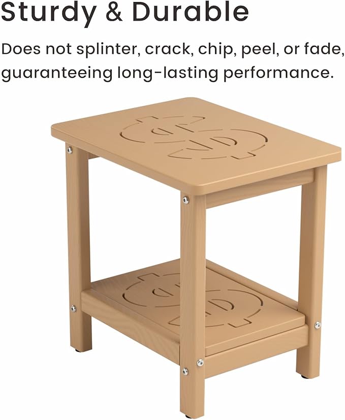 16.6'' HDPE Outdoor Side Table, Weatherproof Small Outdoor Table for Adirondack, Patio, Porch, Balcony, Poolside (2-Tier, Teak)