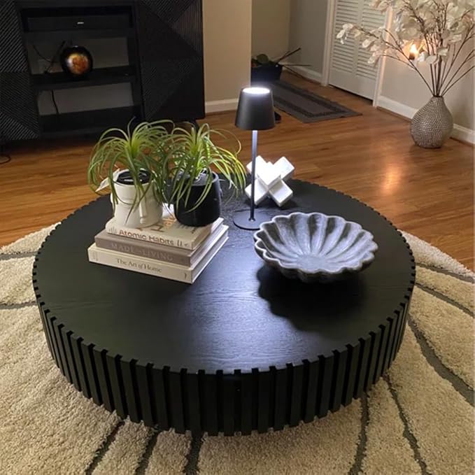 31.49'' Black Round Coffee Table for Living Room, Modern Wood Nesting Coffee Table Handcraft Circle Fluted Drum Coffee Table, Easy Assembly,Black