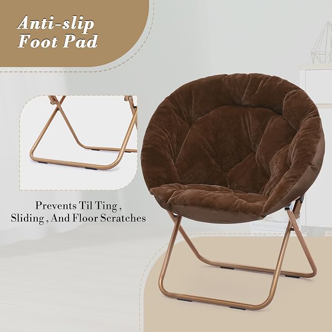 Athena Collection Modern Brown Faux Fur Velvet Saucer Foldable Round Cozy Accent Chair with Ottoman, 300lbs Weight Capacity, Perfect for Bedroom, Living Room, Outdoor Use