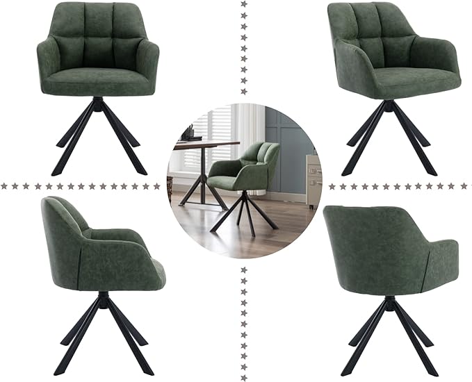 EALSON Comfy Leather Desk Chair Modern Computer Task Chair no Wheels Swivel Accent Chair with Mid Back Arm Chair for Living Room/Bedroom/Home Office, PU Green