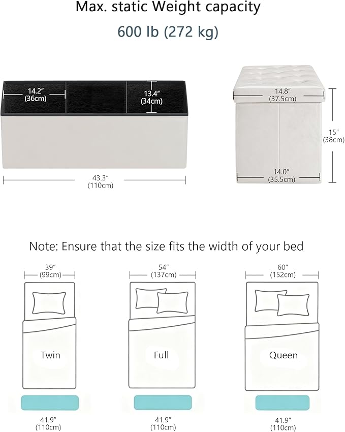 GLAXYFUR Storage Ottoman Bench, 43 Inches Folding Ottoman with 2 Dividers, PU Leather Foot Rest, End of Bed Bench, Storage Chest for Living Room, Bedroom and Entryway (White)