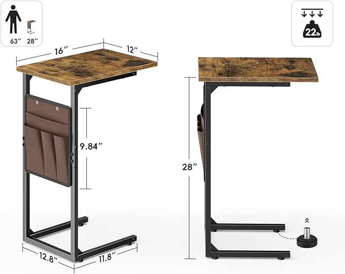 Vagusicc C Shaped End Table, Small Side Table for Couch, Tall Couch Side Table C Table for Small Space, TV Tray Slide Under Sofa Snack Table with Metal Frame for Living Room, Bedroom, Bedside, Brown