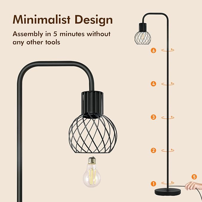 Floor Lamp, Industrial Floor Lamp for Living Room, Modern Standing Lamp with 6W LED Bulb, Foot Switch, Minimalist Pole Lamp Vintage Farmhouse Stand Up Lamps for Bedroom, Office, Book Nook,Black