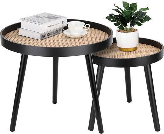 Rattan Round Side Table, Black Small End Table, Accent Table, Modern Boho Bedside Table, Mid-Century Patio Side Table, End Tables for Living Room Bedroom Office Balcony