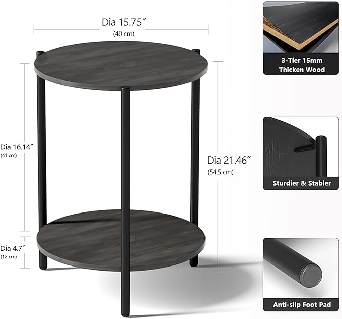 Round Side Table, 2-Tier Circle End Tables with Storage Wood Rustic 15.75" Small End Tables Farmhouse Side Table for Living Room Bedroom Balcony Small Spaces - Grey