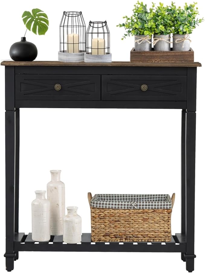 Kinsuite Narrow Console Table with 2 Drawers & Storage, 2-Tier Farmhouse Wooden Entryway Tables, Sofa Table Hallway Table for Living Room Hallway, Black