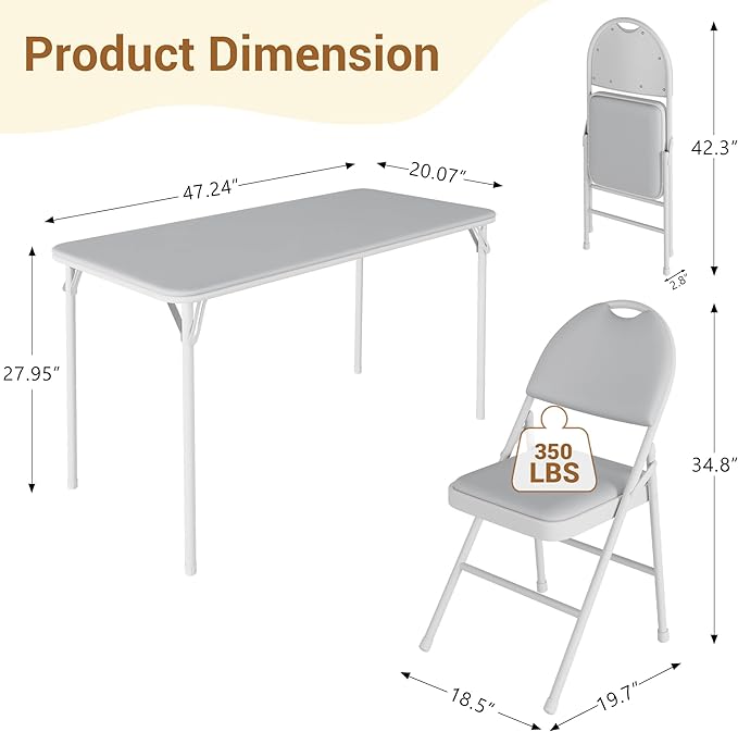 5-Piece Rectangle Folding Table and Chairs Set, Foldable Portable Card Table and Chairs, Scratch & Stain Resistant Tabletop, for Dining Room, Living Room, Office, Camping, Gatherings, Gray