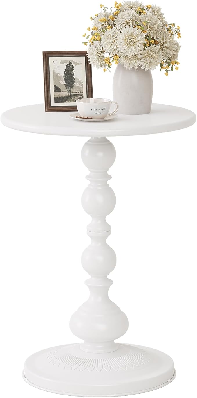 Metal Round Side Table, Small Drink Table for Small Spaces, Matte Modern Accent End Tables Coffee Tables, Pedestal Tables for Living Room, Bedroom, Corners, and Office, 21'' Height (White)