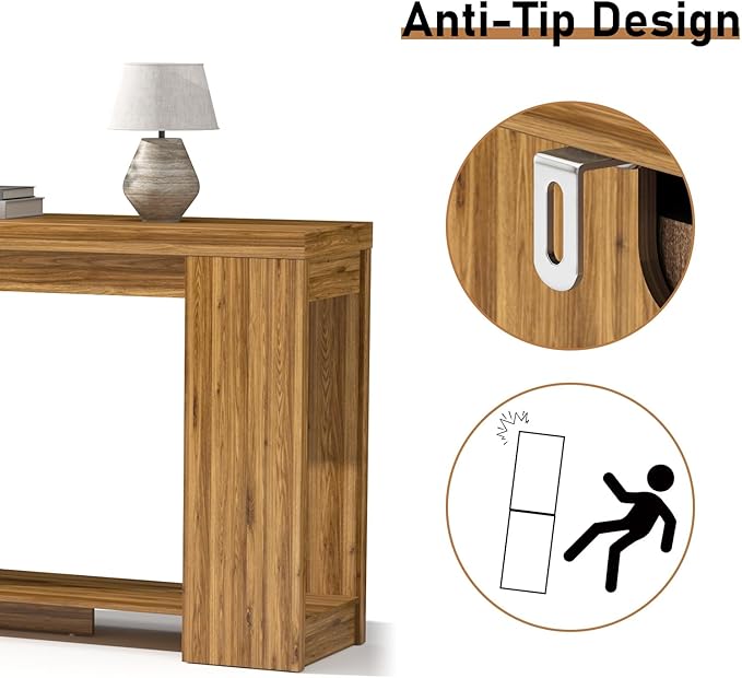 Extra Long Console Table with Storage, Farmhouse Wood Entryway Table with Thickened Base, Narrow Entryway Accent Table for Living Room, Hallway, Entrance, Walnut