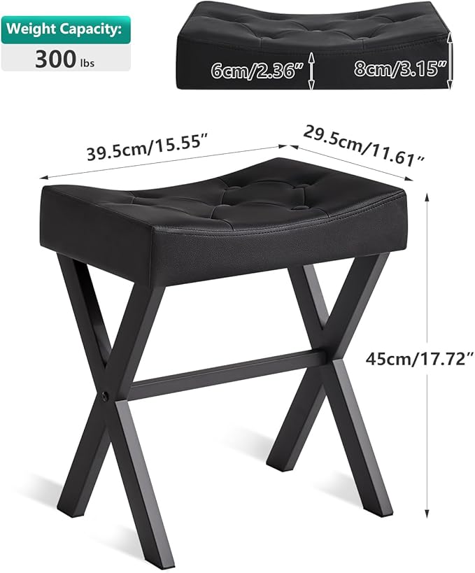 IBUYKE U-Shaped PU Vanity Stool, Square Makeup Chair with X-Leg, Ottoman Seat Footrest Stool, Multi-Use as Small Side Table, for Bedroom, Living Room, Black WBD019B