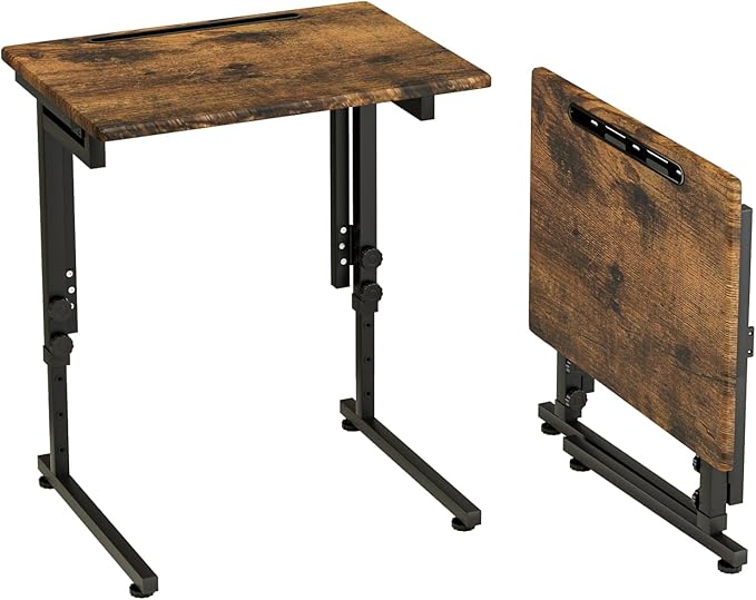 Adjustable Folding TV Tray Table,TV Dinner Small Foldable C-Shaped End Table for Eating,6 Height Adjustable Slide Under Couch Side with Sturdy MDF Top,No Assembly(Brown)