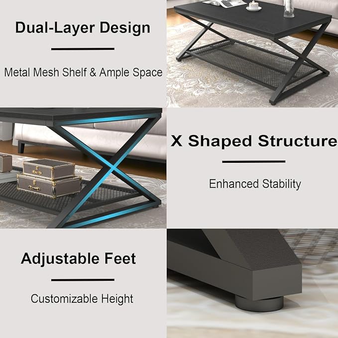 LVB Black Coffee Table, Metal Wood 2 Tier Center Tables with Storage Shelf, Modern Rectangular Cocktail Tea Table for Living Room, Wooden Middle Concrete Table for Office Bedroom, 39 inch, Black Oak