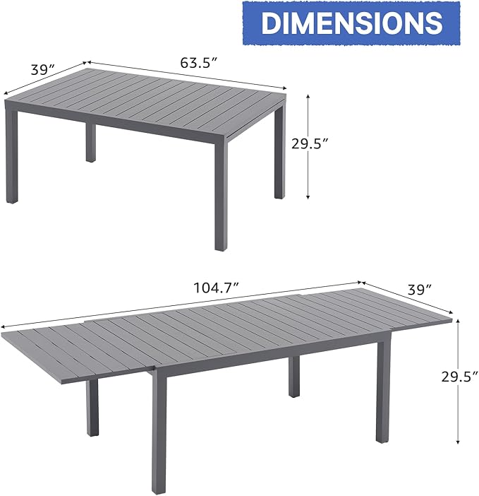 Soleil Jardin Aluminum Patio Extendable Dining Table, 63" - 105", Adjustable Indoor Outdoor Furniture Rectangle Table for 6-10 Person Porch Deck Garden, Dark-Grey
