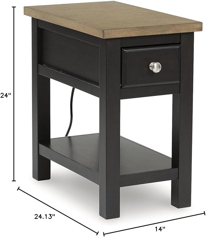 Signature Design by Ashley Drazmine Casual 1 Drawer Chair Side End Table with USB Charging Ports, 1 Lower Shelf and Power Cord, Light Brown & Black