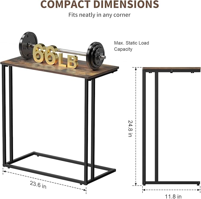 C-Shaped Side Table, Modern End Table with Metal Frame, Space Saving Design for Living Room，Large Surface Couch Table for Bedroom, and Home Office，24 x 12 x 24 inches (Brown)