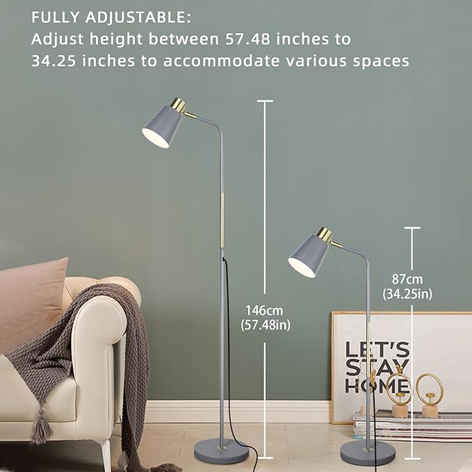 Floor Lamp, Industrial Floor Lamps for Living Rooms Rustic Farmhouse Reading Standing Floor Lamp Adjustable Metal Heads Indoor Task Lighting for Living Room Bedroom Office Home Décor (Grey)