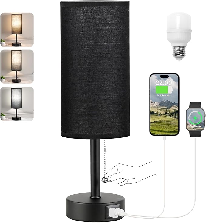 Black Bedside Lamp for Bedroom Nightstand - Small Table Lamp with USB A + C Charging Port, 3 Color Temperatures Pull Chain Night Stand Light with Bulb， Side Table Desk Reading Lamp for Living Room
