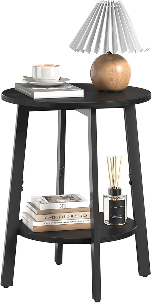 Side Table, Small Round End Table with Storage Shelf for Small Space, 2-Tier Black Bedside Table Sofa Couch Table, Round Accent Table Nighstands for Living Room, Bedroom, Black