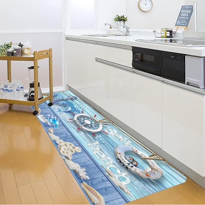 Bath Rugs Sponge Foam Absorbent Soft for Bathroom and Kitchen (71 x 24 inches), Flannel Mat Non Slip Bright 3D Print for Bedside and Living Room(Nautical Anchor Helmsman)