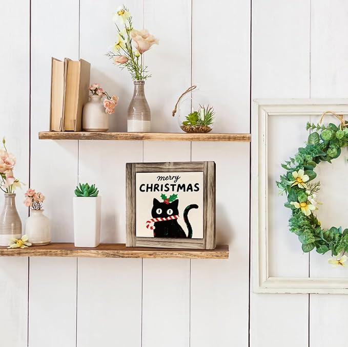 Merry Christmas Wood Sign, Funny Cat Decor, Decorative Sign Table Decor, Farmhouse Home Decors, Shelves Decoration, Desk Decors Art, Merry Christmas Gift for Cat Lover