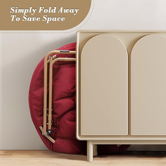 Athena Collection Saucer Chair with Ottoman Comfy Chair for Bed Room Living Room Folding Round Cozy Chair Faux Fur Metal Frame Foldable Lazy Chair Accent Chair Reading Chair, Red, Burgundy