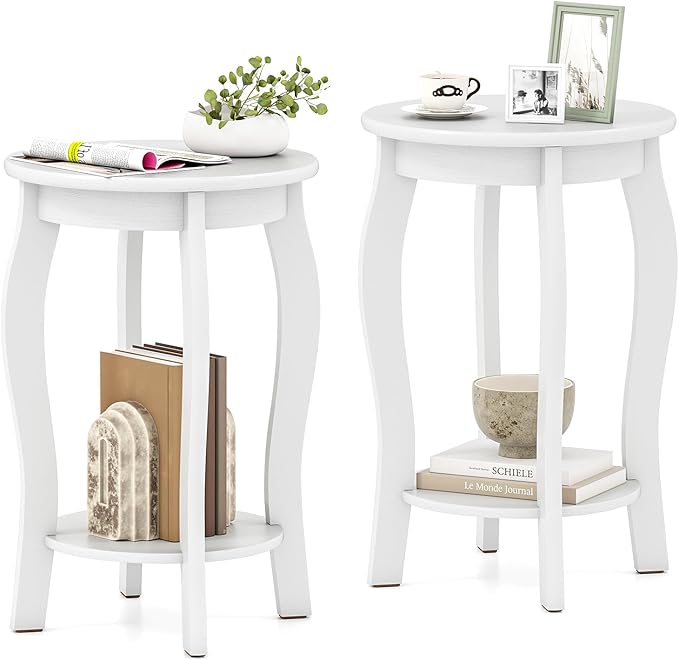 Giantex Round End Table Set of 2, Wooden Side Table with Storage Shelf, Small Nightstand with Solid Wood Legs, 2-Tier Accent Table for Living Room Bedroom