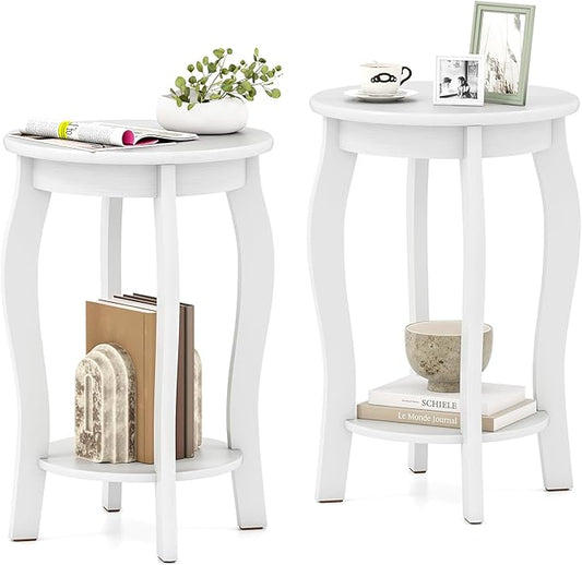 Giantex Round End Table Set of 2, Wooden Side Table with Storage Shelf, Small Nightstand with Solid Wood Legs, 2-Tier Accent Table for Living Room Bedroom