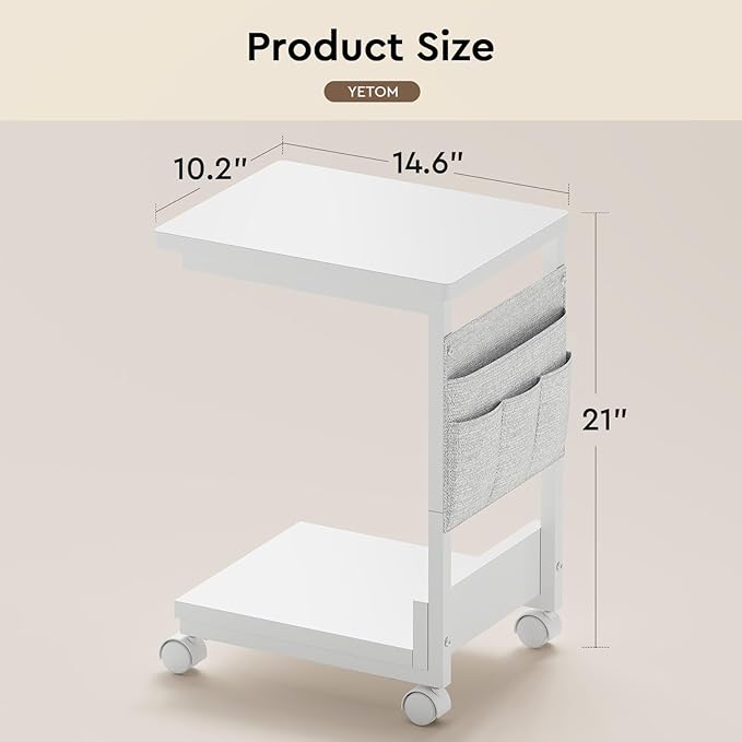Side Table,C Table with 2-Tier Storage Shelf, End Table with a Storage Bag, Sofa Table with Wheels for Living Room, Bedroom, Office, Bathroom, White