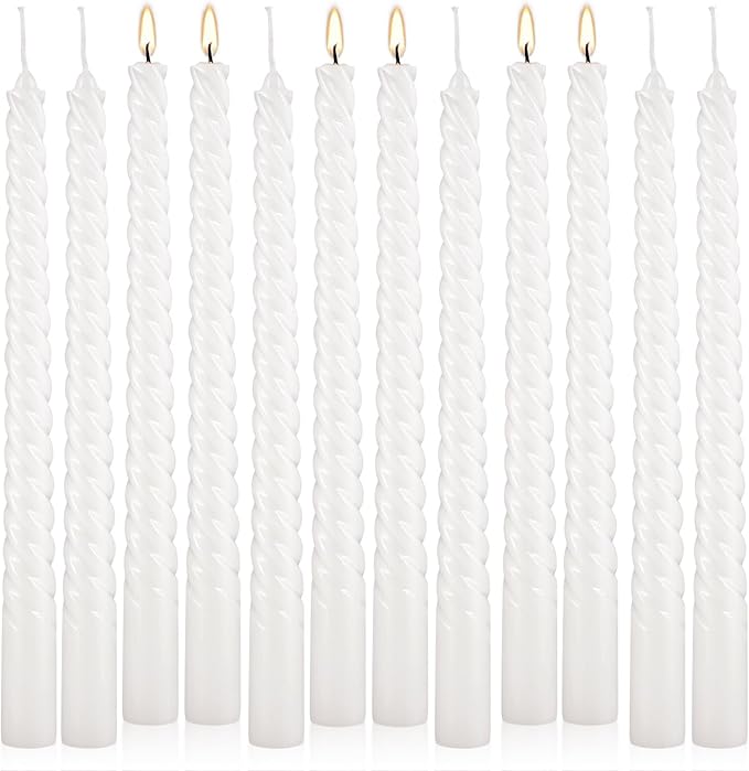 12 Pack White Spiral Taper Candles,Smooth Flame,7+Hour Burn Time,The Perfect Choice for Halloween&Multiple Purposes.
