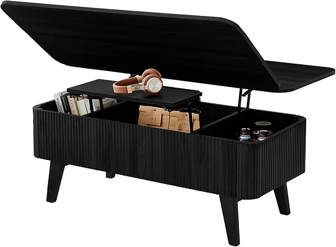 3 in 1 Lift Top Coffee Table, Fluted Convertible Coffee Tables Converts to Dining Tables, Modern Oval Wooden Center Table with Storage for Living Room Office Small Space, Partial Assembly (Black)
