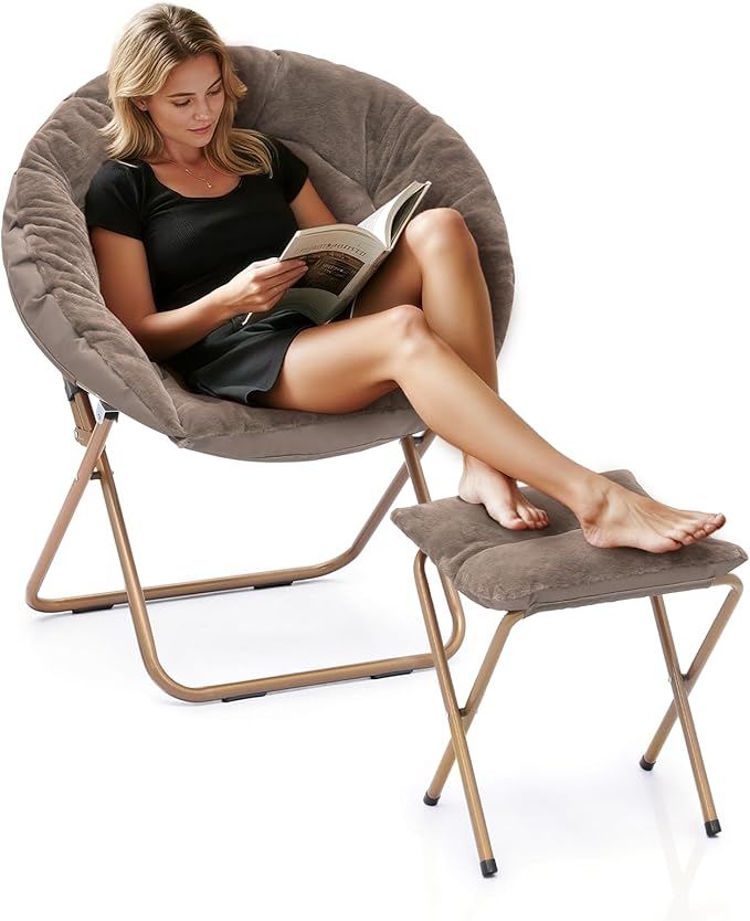 Athena Collection Saucer Chair with Ottoman Comfy Chair for Bed Room Living Room Folding Round Cozy Chair Faux Fur Metal Frame Foldable Lazy Chair Accent Chair Reading Chair, Brown