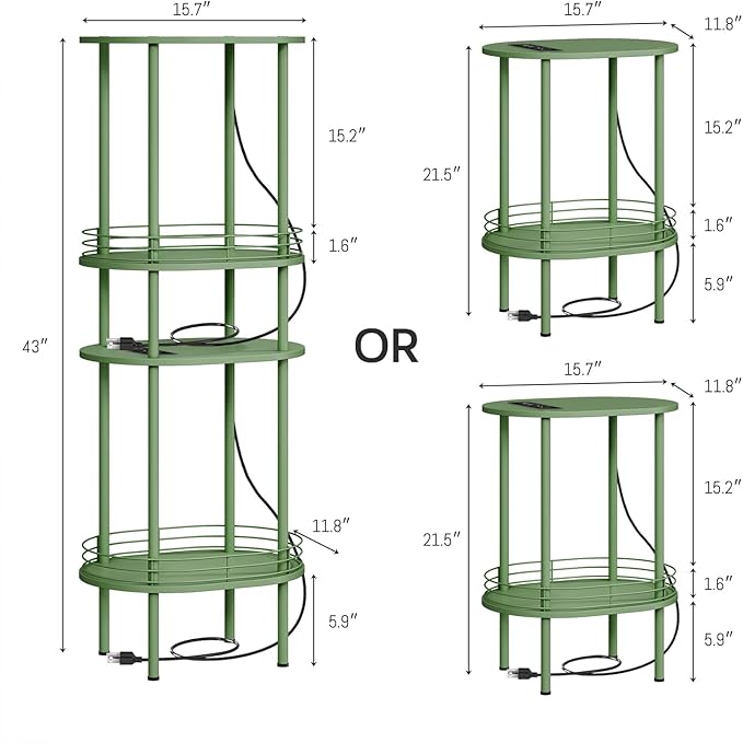 Small Round Side Table with Charging Station,Bedside Table with 2 USB Ports and Outlets, Morden Round Nightstand, Samll Side Table for Living Room,Bedroom, Nursery, Laundry, Green