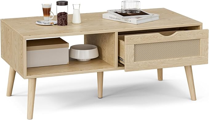 Coffee Table with Storage, Boho Dining Table with Rattan Drawer and Solid Wood Legs, Small Coffee Tables for Living Room, Oak