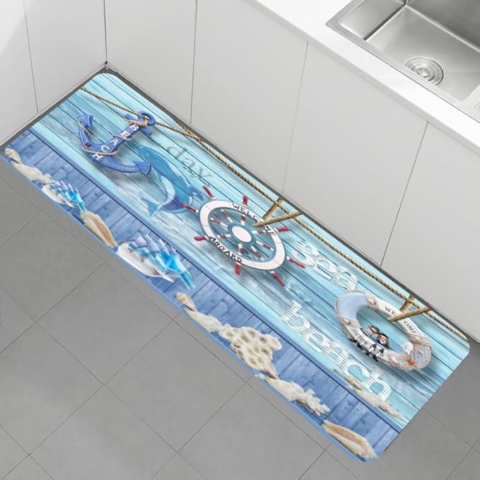 Bath Rugs Sponge Foam Absorbent Soft for Bathroom and Kitchen (71 x 24 inches), Flannel Mat Non Slip Bright 3D Print for Bedside and Living Room(Nautical Anchor Helmsman)