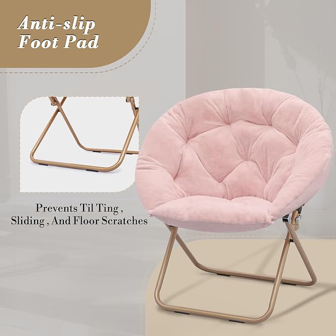 Athena Collection Saucer Chair with Ottoman Comfy Chair for Bed Room Living Room Folding Round Cozy Chair Faux Fur Metal Frame Foldable Lazy Chair Accent Chair Reading Chair Set of 2, Pink