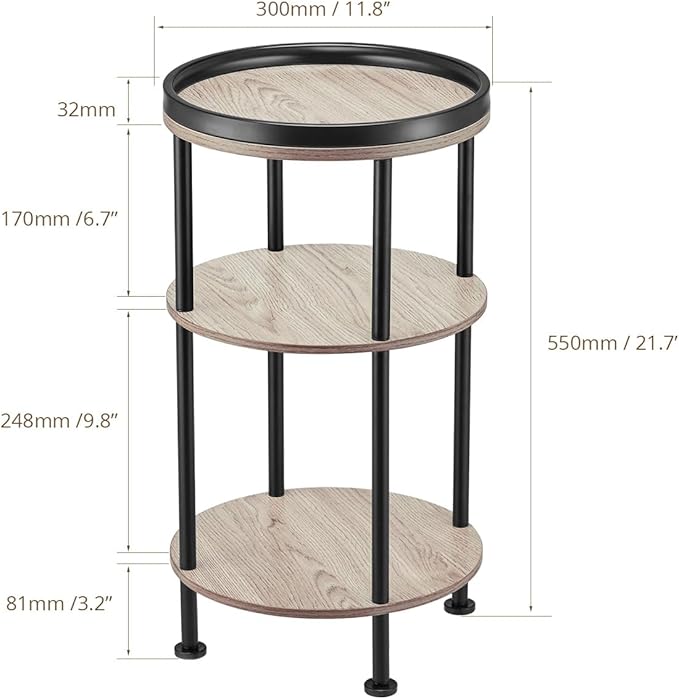 Small Round Side Table, Oak Round End Table for Living Room & Bedroom, Modern 3-Tier Nightstand with Storage Shelf, 11.8" Narrow Accent Table for Small Spaces, Nursery, Plant Stand,Natural Wood Finish