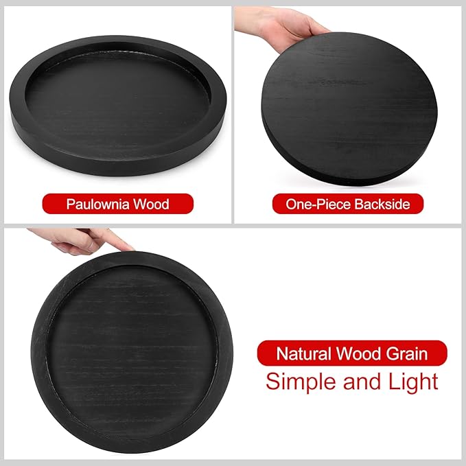 Round Decorative Tray for Coffee Dining Table Countertop Small Wooden Serving Trays Farmhouse Kitchen Home Living Room Decor and Bathroom Accessories Tray Black Rustic Wood Candle Centerpiece Trays