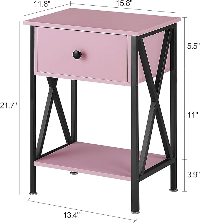 VECELO Nightstands Set of 2, Modern Bedside End Tables, Night Stands with Drawer and Storage Shelf for Living Room Bedroom, Industrial Metal Frame