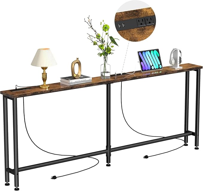 102" Narrow Console Sofa Table - 2 Power Outlets & 4 USB Ports, Metal Frame, Rustic Brown, Perfect for Hallway, Office, and Behind Sofa - Easy Assembly, 4.9' Extension Cord Included