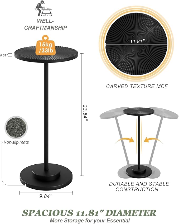 Round Side Table, Small Drink Table for Small Spaces, Modern Accent End Table with Metal Leg for Living Room, Bedroom, Corners, and Office (Black)