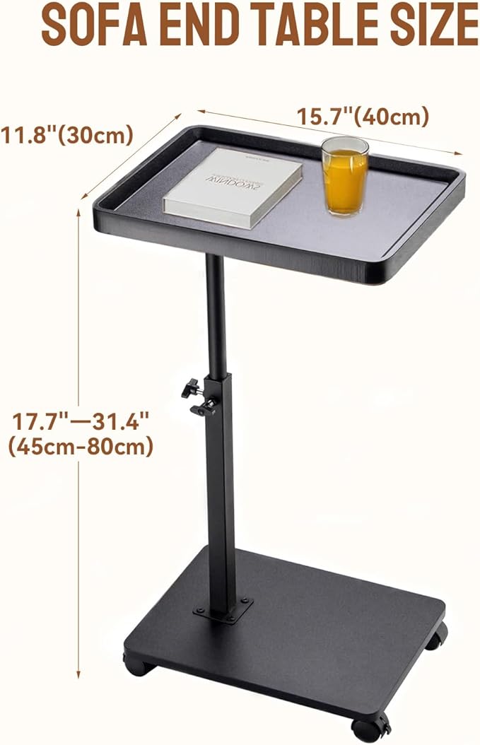 Adjustable C Shaped Side Table, C Table End Tables with Wheels for Sofa, 360° Swivel Sofa Tables for Livingroom,Bedroom,Study and Small Spaces (Glossy Black)