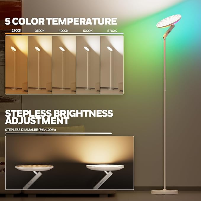 Honeywell 3000LM LED Floor Lamp, Torchiere Floor Lamps with Remote Control, F2 Sunturalux™ 40W Eye-Caring Reading Light, 2700-5000K 6 RGB Modes RGB Standing Lamp for Bedroom Living Room Office White