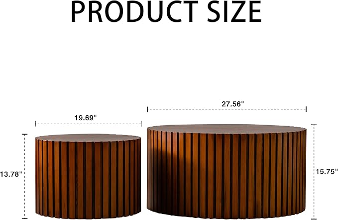 Nesting Round Coffee Table Set of 2, 27.56" Fluted Circle Accent End Table, Morden Drum Side Table, Wooden Center Table for Living Room, Fully Assembled - Walnut