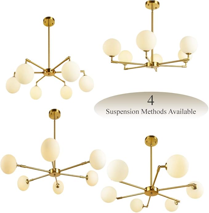 6-Lights Globe Mid Century Chandelier Modern Sputnik Pendant Light Fixture with G9 Bulb Brushed Brass Finished with White Globe Glass Lampshade Dining Kitchen Island Bedroom Lighting (Gold)