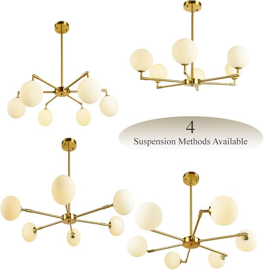 6-Lights Globe Mid Century Chandelier Modern Sputnik Pendant Light Fixture with G9 Bulb Brushed Brass Finished with White Globe Glass Lampshade Dining Kitchen Island Bedroom Lighting (Gold)